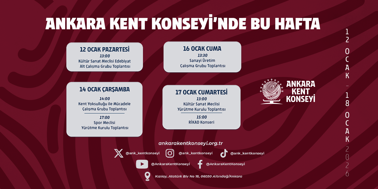 Ankara Kent Konseyi Haftalık Programı (12–18 Ocak 2026)