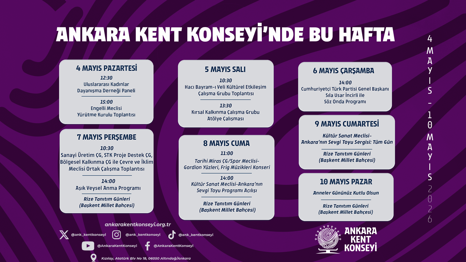 Ankara Kent Konseyi Haftalık Program | 4-10 Mayıs 2026