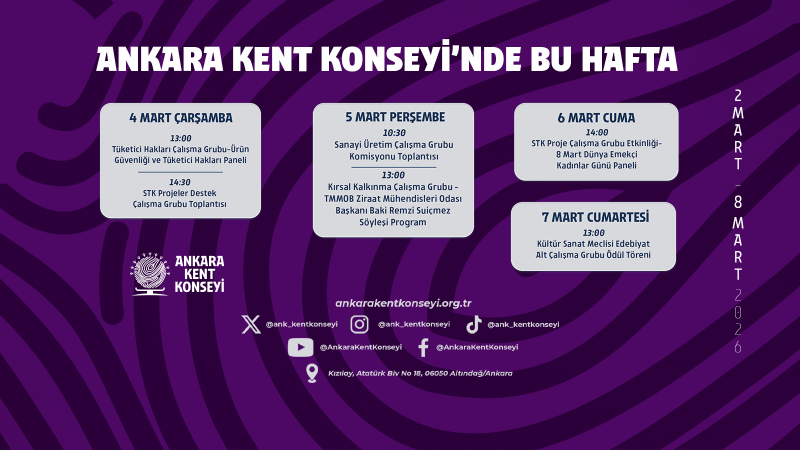 Ankara Kent Konseyi Haftalık Programı | 2-8 Mart 2026