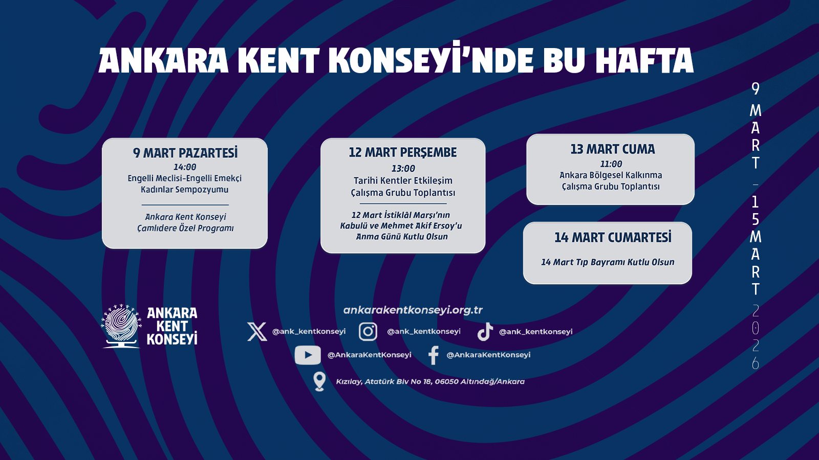 Ankara Kent Konseyi Haftalık Programı | 9-15 Mart 2026