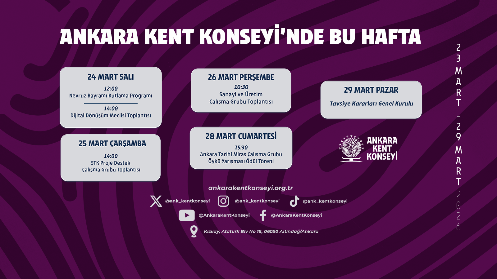 Ankara Kent Konseyi Haftalık Programı | 23-29 Mart 2026