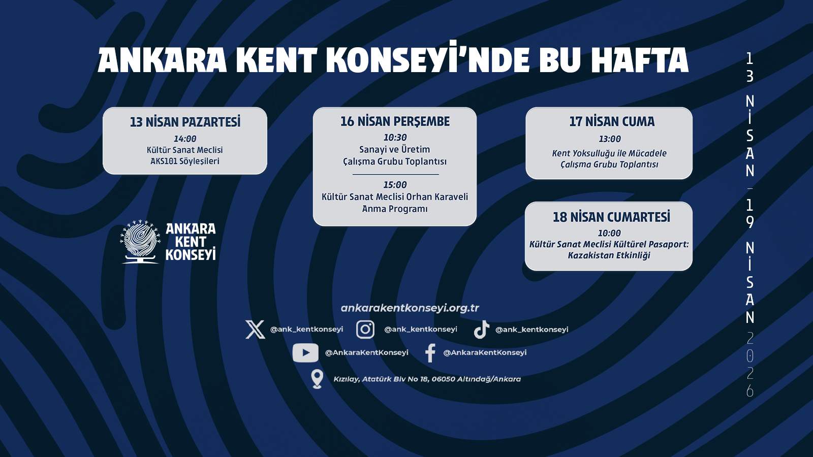 Ankara Kent Konseyi Haftalık Program | 13-19 Nisan 2026