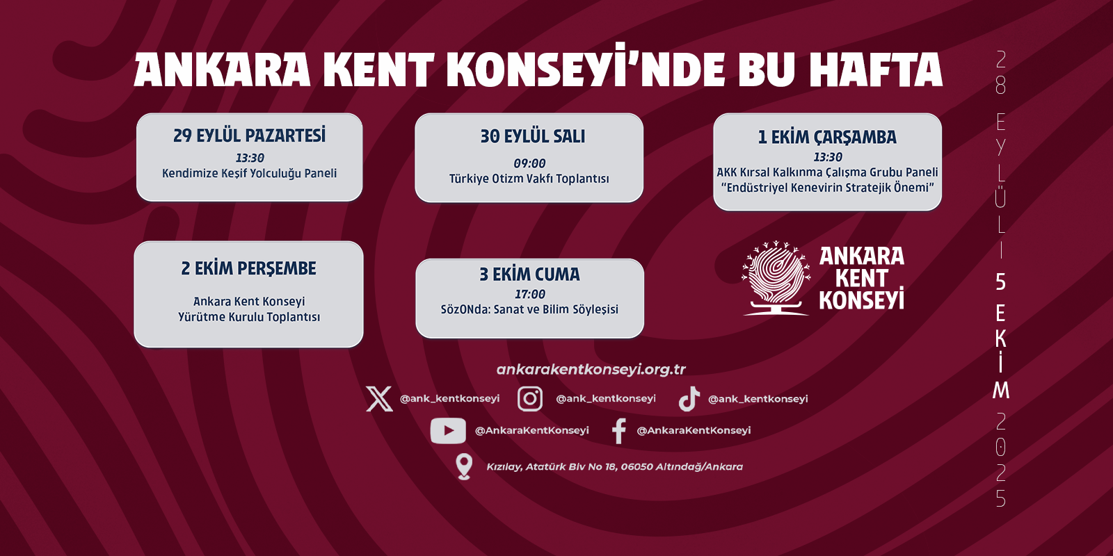 Ankara Kent Konseyi Haftalık Program (28 Eylül – 5 Ekim 2025)