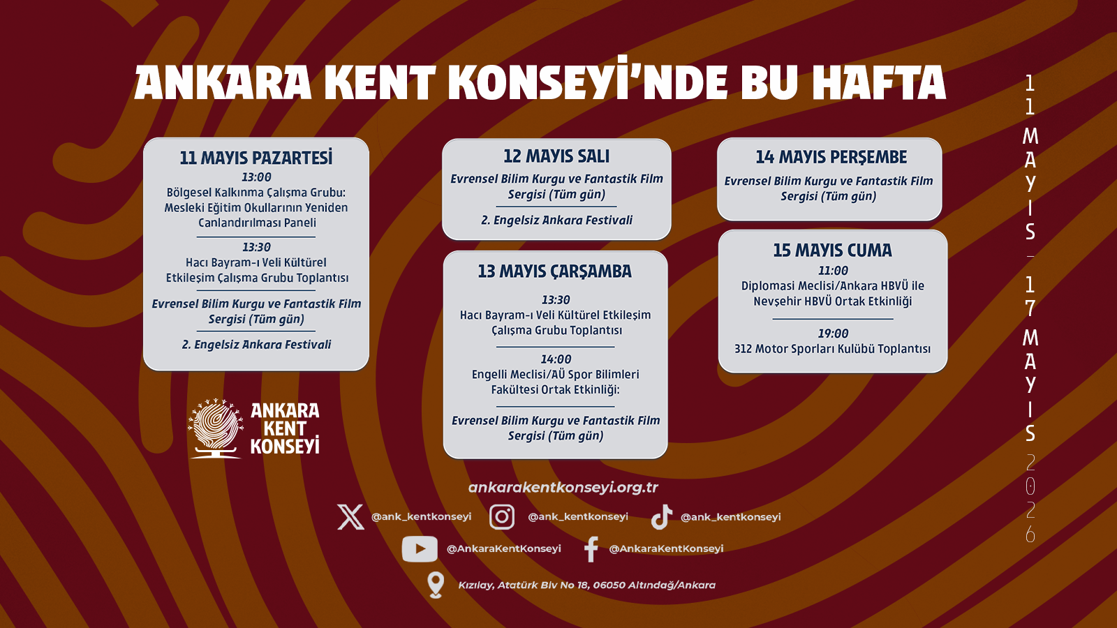 Ankara Kent Konseyi Haftalık Program | 11-17 Mayıs 2026