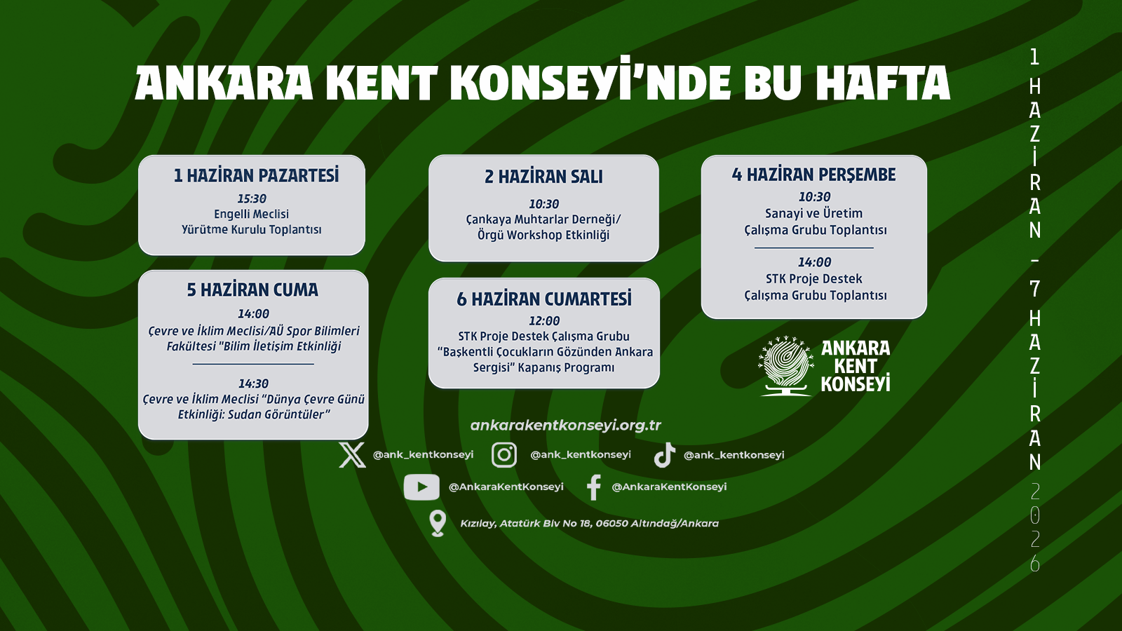 Ankara Kent Konseyi Haftalık Program | 1-7 Haziran 2026