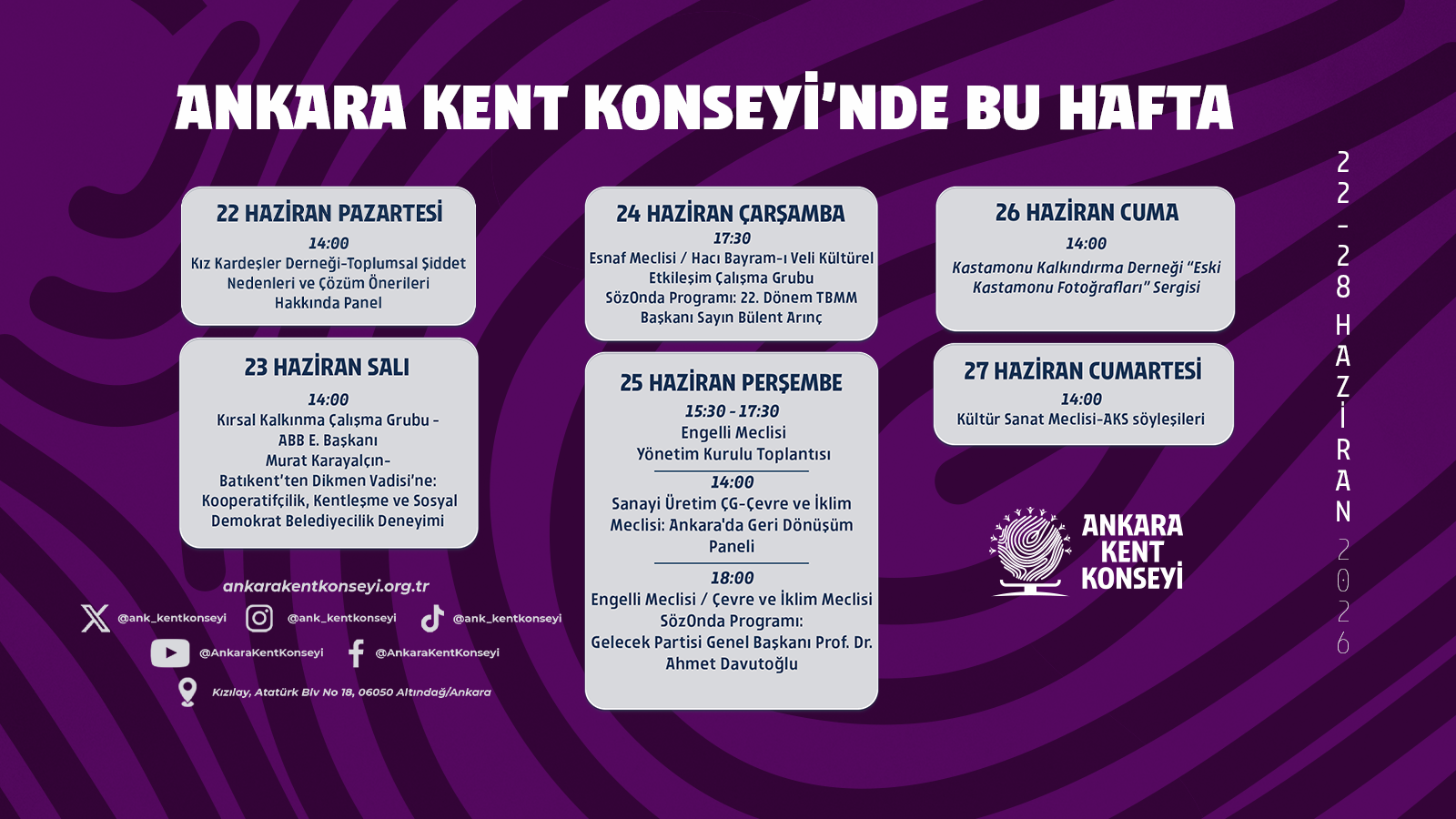 Ankara Kent Konseyi Haftalık Programı (22-28 Haziran 2026)