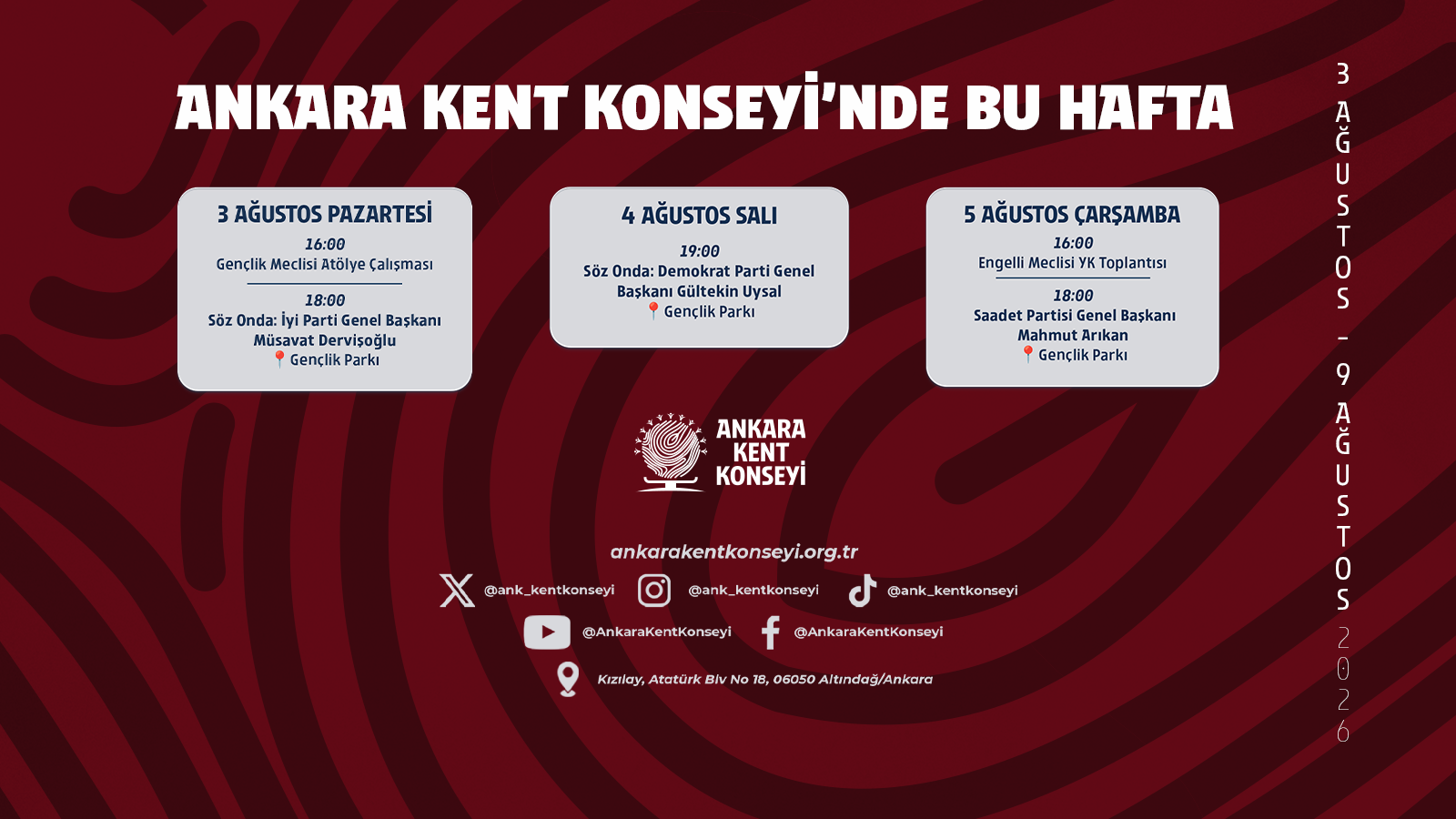 Ankara Kent Konseyi Haftalık Program | 3-9 Ağustos 2026