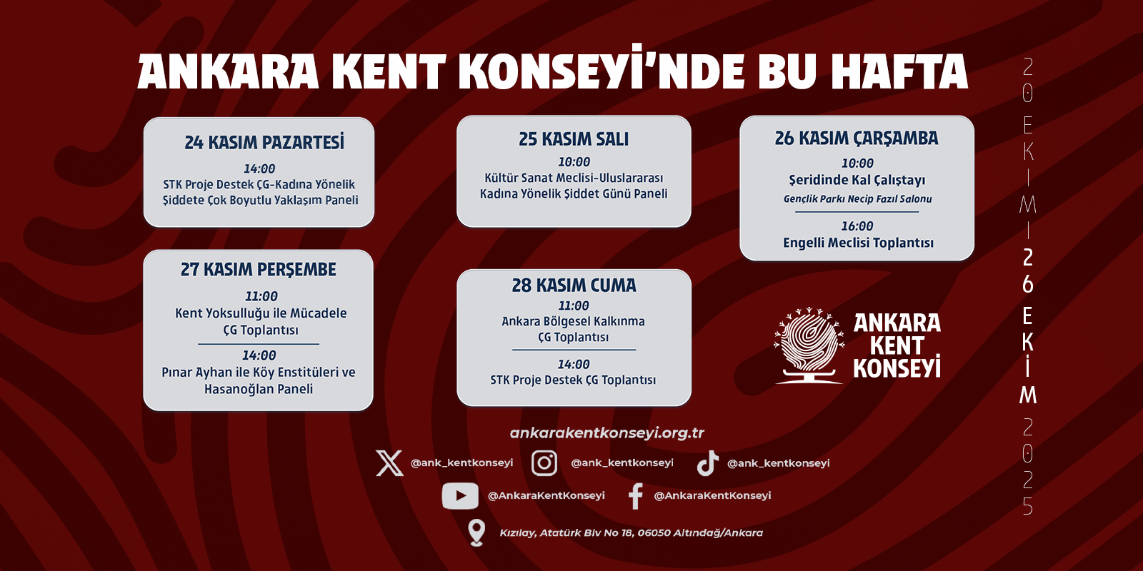 Ankara Kent Konseyi Haftalık Programı (24-30 Kasım 2025)