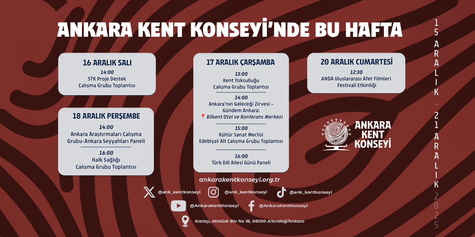 Ankara Kent Konseyi Haftalık Programı (15-21 Aralık 2025)