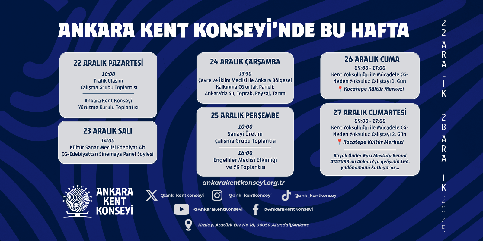 Ankara Kent Konseyi Haftalık Programı (22-28 Aralık 2025)