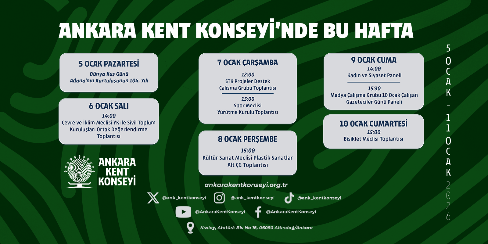 Ankara Kent Konseyi Haftalık Programı (5–11 Ocak 2026)