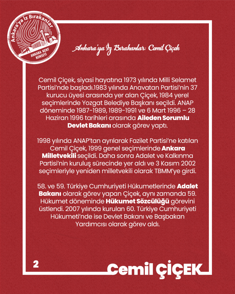 Ankara’ya İz Bırakanlar Cemil ÇİÇEK (d. 15 Kasım 1946, Yozgat) Avukat, Siyasetçi ve TBMM E. Başkanı, Adalet E. Bakanı — fotoğraf 4