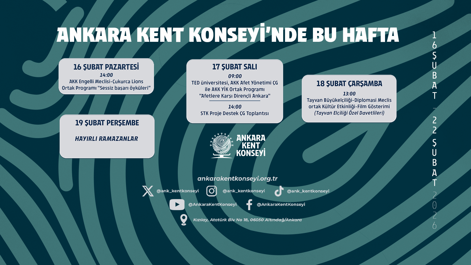 Ankara Kent Konseyi Haftalık Programı | 16-22 Şubat 2026